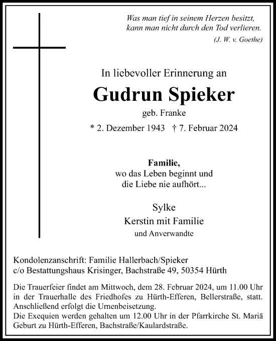 Anzeige von Gudrun Spieker von Kölner Stadt-Anzeiger / Kölnische Rundschau / Express