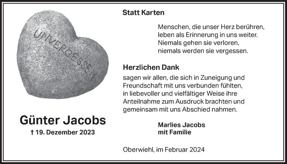  Traueranzeige für Günter Jacobs vom 23.02.2024 aus  Anzeigen Echo 