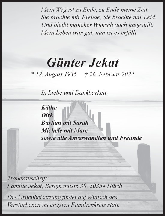 Anzeige von Günter Jekat von  Wochenende 
