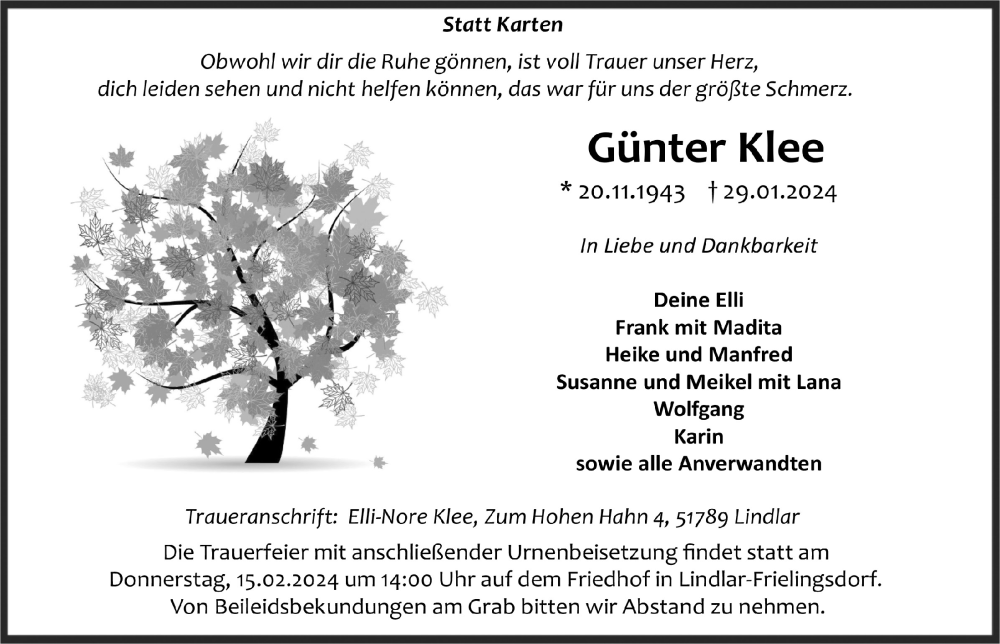  Traueranzeige für Günter Klee vom 09.02.2024 aus  Anzeigen Echo 