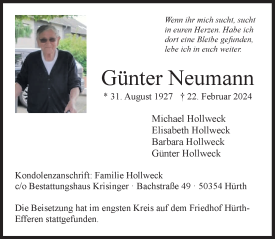 Anzeige von Günter Neumann von  Wochenende 