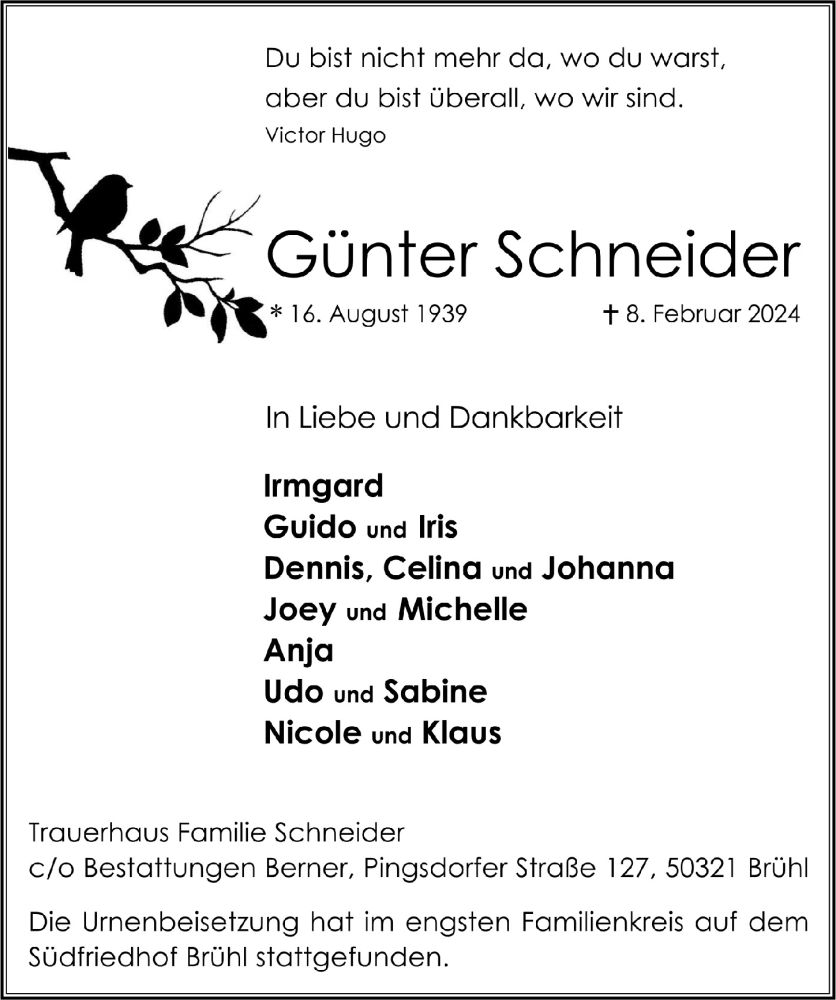  Traueranzeige für Günter Schneider vom 01.03.2024 aus  Schlossbote/Werbekurier 