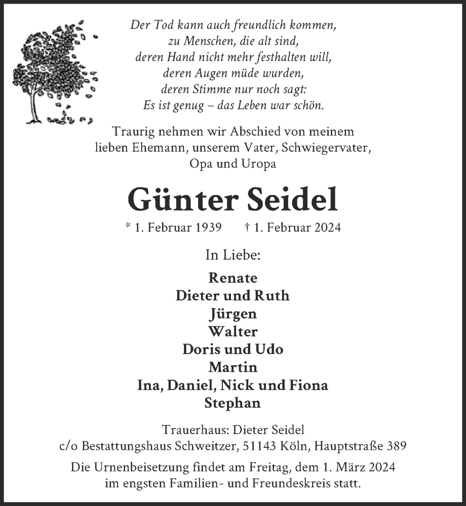  Traueranzeige für Günter Seidel vom 09.02.2024 aus  EXPRESS - Die Woche 