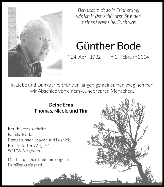 Anzeige von Günther Bode von Kölner Stadt-Anzeiger / Kölnische Rundschau / Express