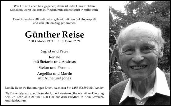 Anzeige von Günther Reise von Kölner Stadt-Anzeiger / Kölnische Rundschau / Express