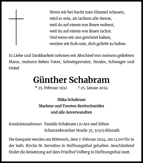 Anzeige von Günther Schabram von Kölner Stadt-Anzeiger / Kölnische Rundschau / Express