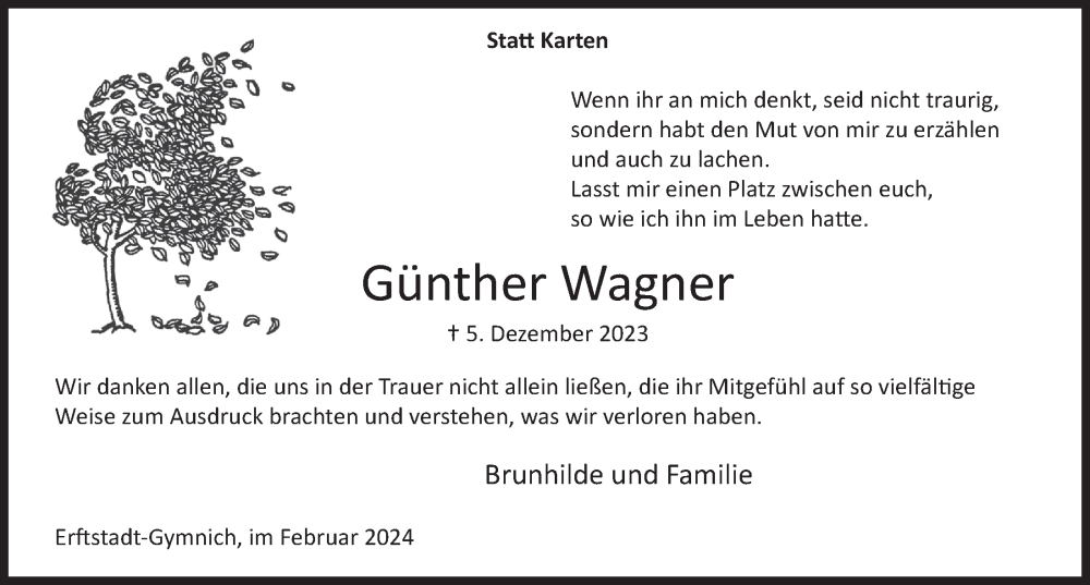  Traueranzeige für Günther Wagner vom 02.02.2024 aus  Werbepost 