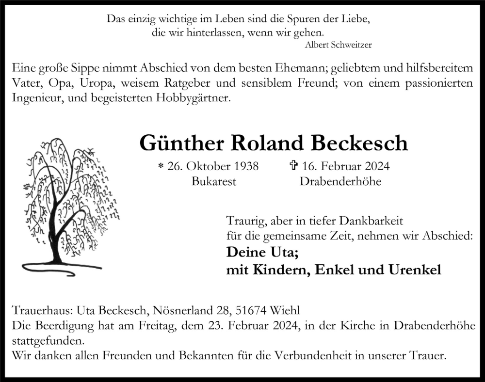  Traueranzeige für Günther Roland Beckesch vom 23.02.2024 aus  Anzeigen Echo 
