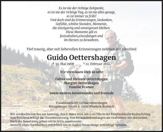 Anzeige von Guido Oettershagen von Kölner Stadt-Anzeiger / Kölnische Rundschau / Express
