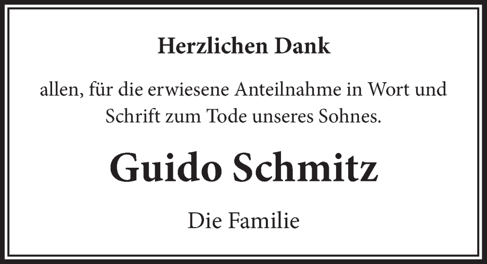  Traueranzeige für Guido Schmitz vom 09.02.2024 aus  Schlossbote/Werbekurier 