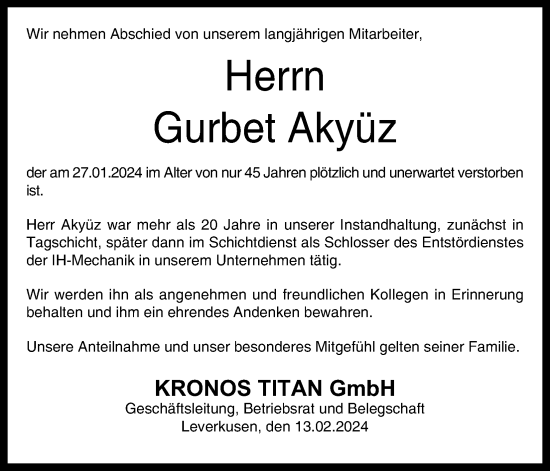 Anzeige von Gurbet Akyüz von Kölner Stadt-Anzeiger / Kölnische Rundschau / Express