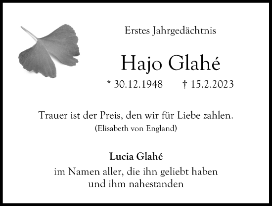 Anzeige von Hajo Glahe von Kölner Stadt-Anzeiger / Kölnische Rundschau / Express