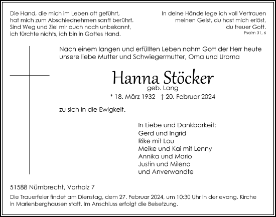 Anzeige von Hanna Stöcker von  Lokalanzeiger 