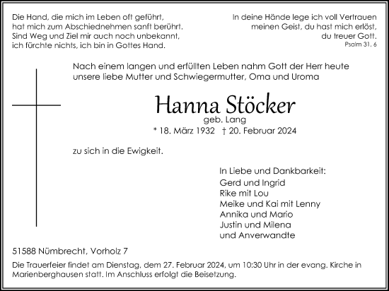 Anzeige von Hanna Stöcker von Kölner Stadt-Anzeiger / Kölnische Rundschau / Express
