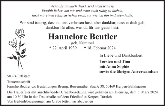 Anzeige von Hannelore Beutler von  Werbepost 
