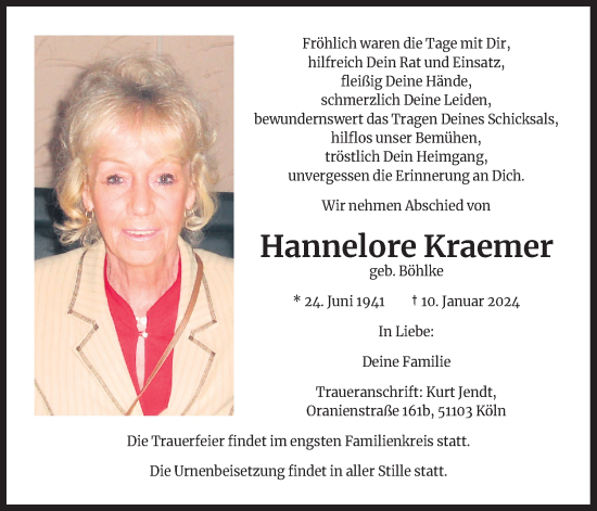 Anzeige von Hannelore Kraemer von Kölner Stadt-Anzeiger / Kölnische Rundschau / Express