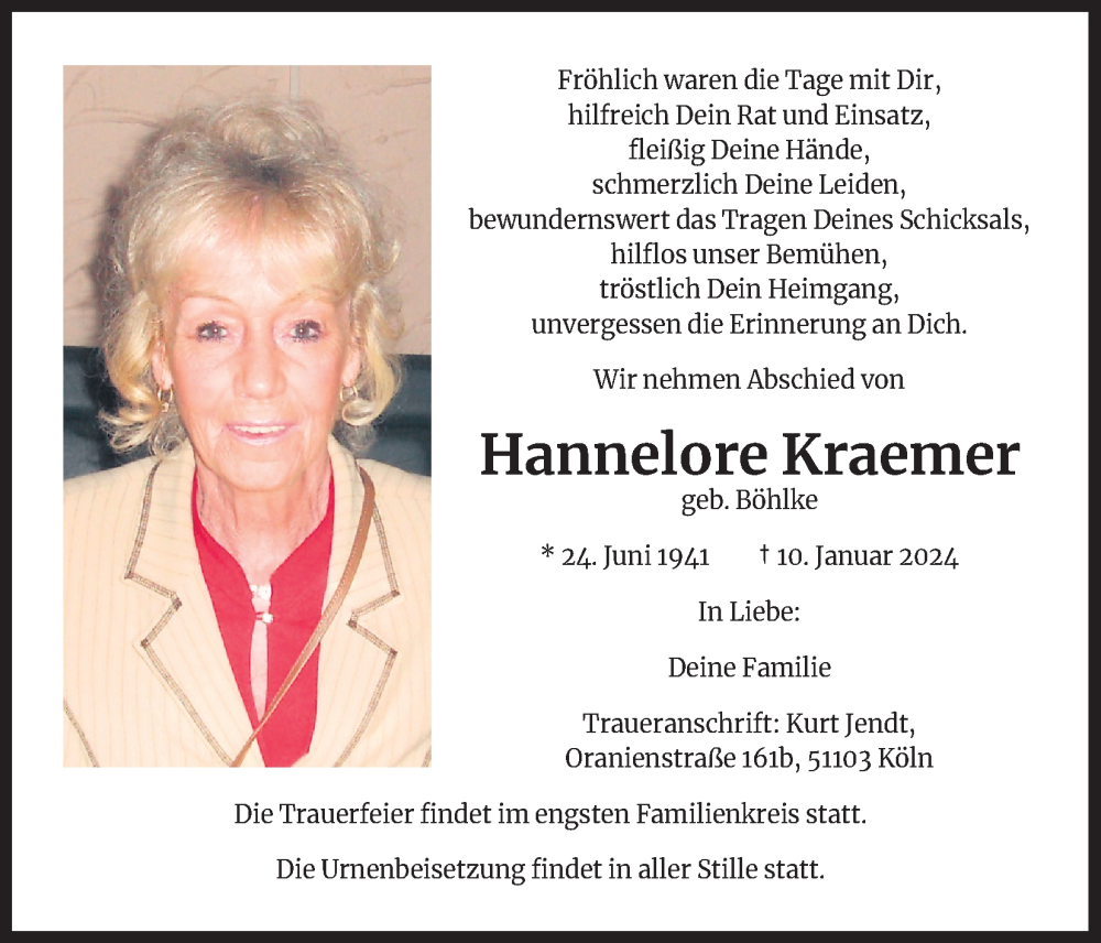  Traueranzeige für Hannelore Kraemer vom 03.02.2024 aus Kölner Stadt-Anzeiger / Kölnische Rundschau / Express
