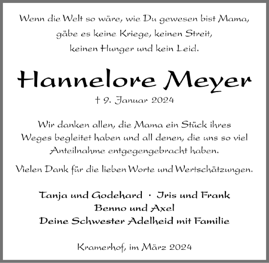 Anzeige von Hannelore Meyer von  Bergisches Handelsblatt 