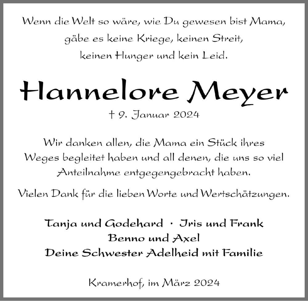  Traueranzeige für Hannelore Meyer vom 01.03.2024 aus  Bergisches Handelsblatt 