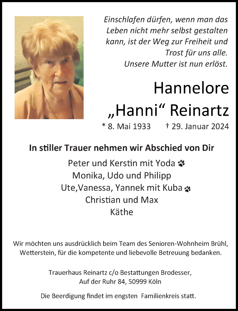  Traueranzeige für Hannelore Reinartz vom 09.02.2024 aus  EXPRESS - Die Woche 