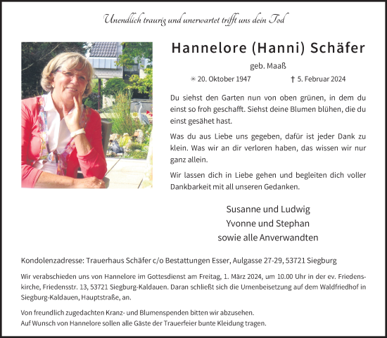 Anzeige von Hannelore Schäfer von Kölner Stadt-Anzeiger / Kölnische Rundschau / Express