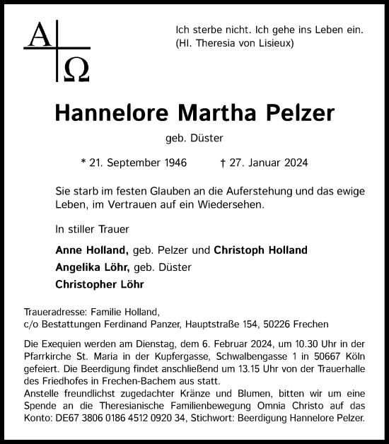 Anzeige von Hannelore Martha Pelzer von Kölner Stadt-Anzeiger / Kölnische Rundschau / Express