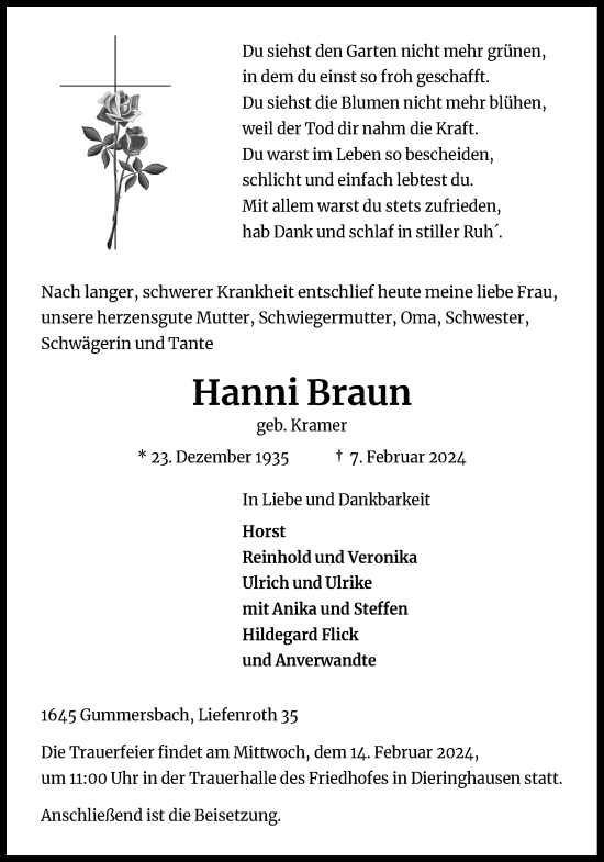 Anzeige von Hanni Braun von Kölner Stadt-Anzeiger / Kölnische Rundschau / Express
