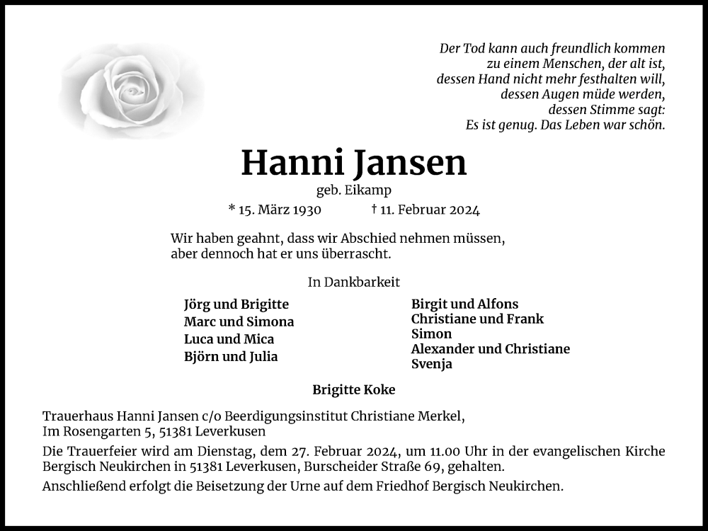  Traueranzeige für Hanni Jansen vom 17.02.2024 aus Kölner Stadt-Anzeiger / Kölnische Rundschau / Express