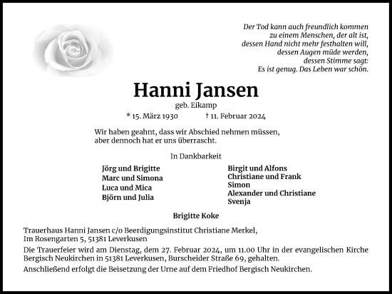 Anzeige von Hanni Jansen von Kölner Stadt-Anzeiger / Kölnische Rundschau / Express