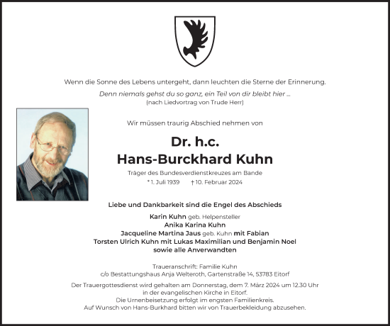 Anzeige von Hans-Burckhard Kuhn von Kölner Stadt-Anzeiger / Kölnische Rundschau / Express