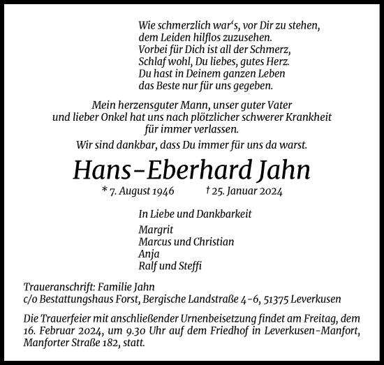 Anzeige von Hans-Eberhard Jahn von Kölner Stadt-Anzeiger / Kölnische Rundschau / Express
