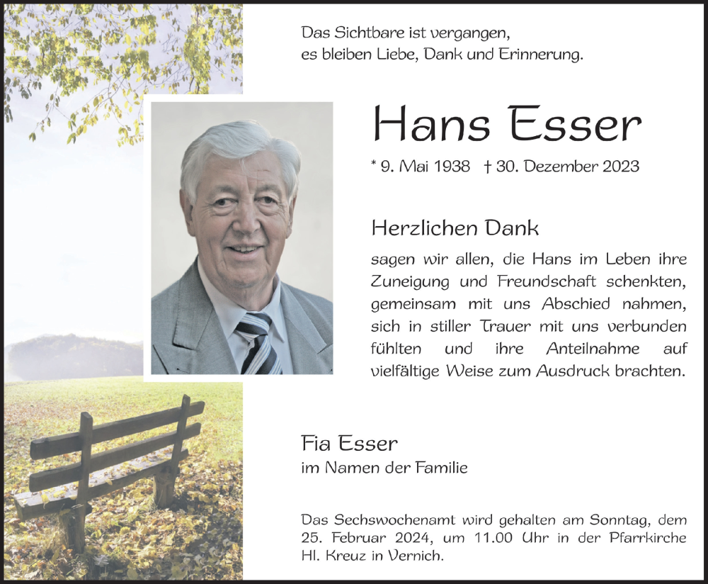  Traueranzeige für Hans Esser vom 10.02.2024 aus  Blickpunkt Euskirchen 