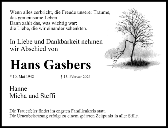Anzeige von Hans Gasbers von Kölner Stadt-Anzeiger / Kölnische Rundschau / Express