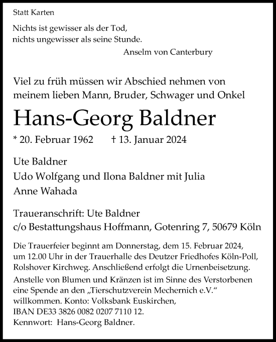 Anzeige von Hans-Georg Baldner von Kölner Stadt-Anzeiger / Kölnische Rundschau / Express