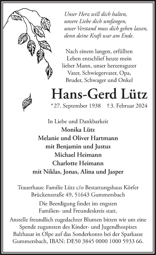 Anzeige von Hans-Gerd Lütz von  Anzeigen Echo 