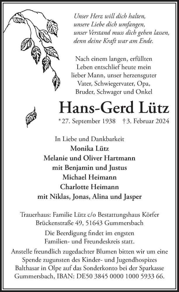  Traueranzeige für Hans-Gerd Lütz vom 09.02.2024 aus  Anzeigen Echo 