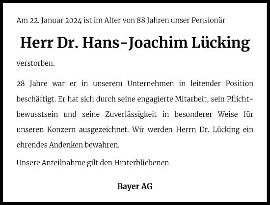 Anzeige von Hans-Joachim Lücking von Kölner Stadt-Anzeiger / Kölnische Rundschau / Express