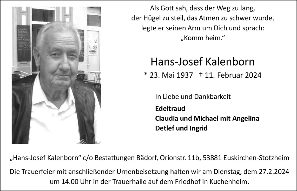  Traueranzeige für Hans-Josef Kalenborn vom 24.02.2024 aus  Blickpunkt Euskirchen 