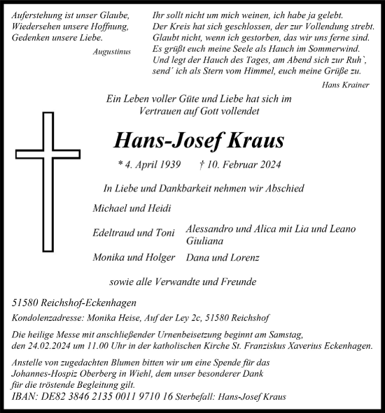 Anzeige von Hans-Josef Kraus von  Anzeigen Echo 