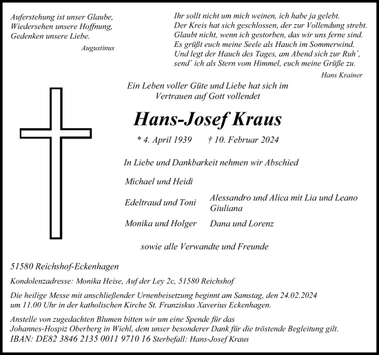 Anzeige von Hans-Josef Kraus von Kölner Stadt-Anzeiger / Kölnische Rundschau / Express
