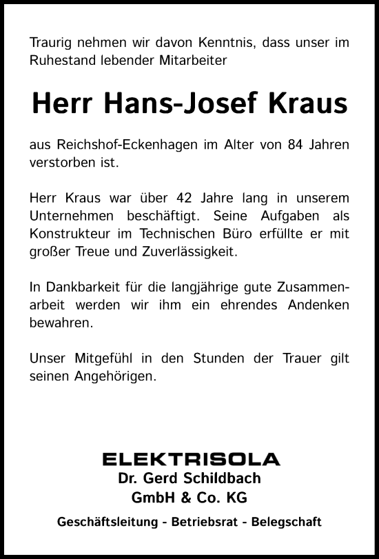 Anzeige von Hans-Josef Kraus von Kölner Stadt-Anzeiger / Kölnische Rundschau / Express
