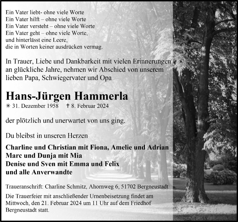  Traueranzeige für Hans-Jürgen Hammerla vom 16.02.2024 aus  Anzeigen Echo 