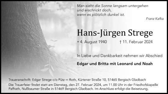 Anzeige von Hans-Jürgen Strege von Kölner Stadt-Anzeiger / Kölnische Rundschau / Express