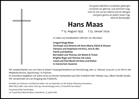 Anzeige von Hans Maas von Kölner Stadt-Anzeiger / Kölnische Rundschau / Express