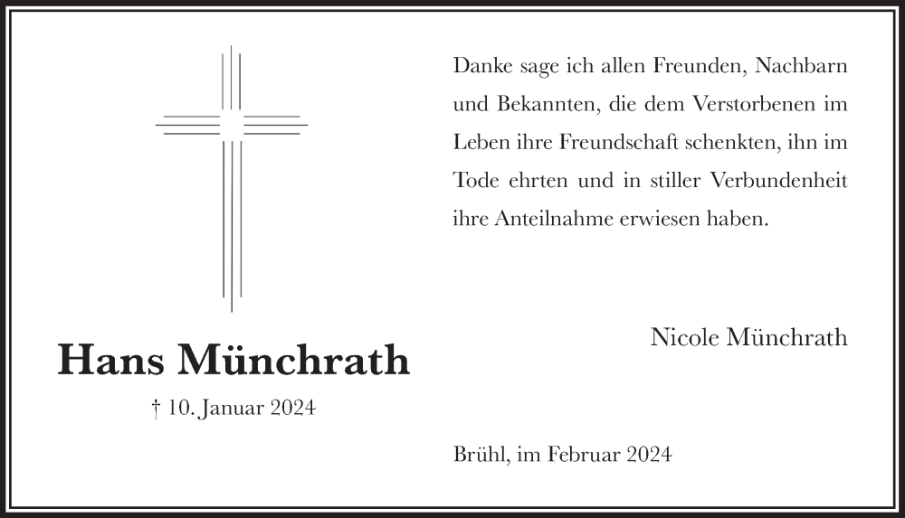  Traueranzeige für Hans Münchrath vom 16.02.2024 aus  Schlossbote/Werbekurier 