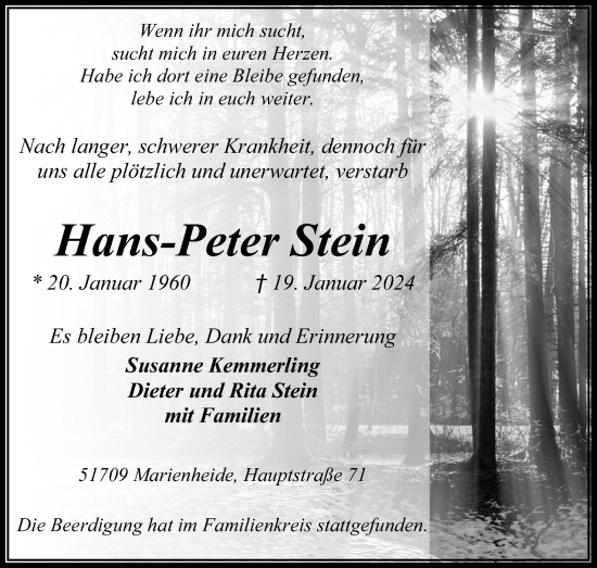 Anzeige von Hans-Peter Stein von Kölner Stadt-Anzeiger / Kölnische Rundschau / Express