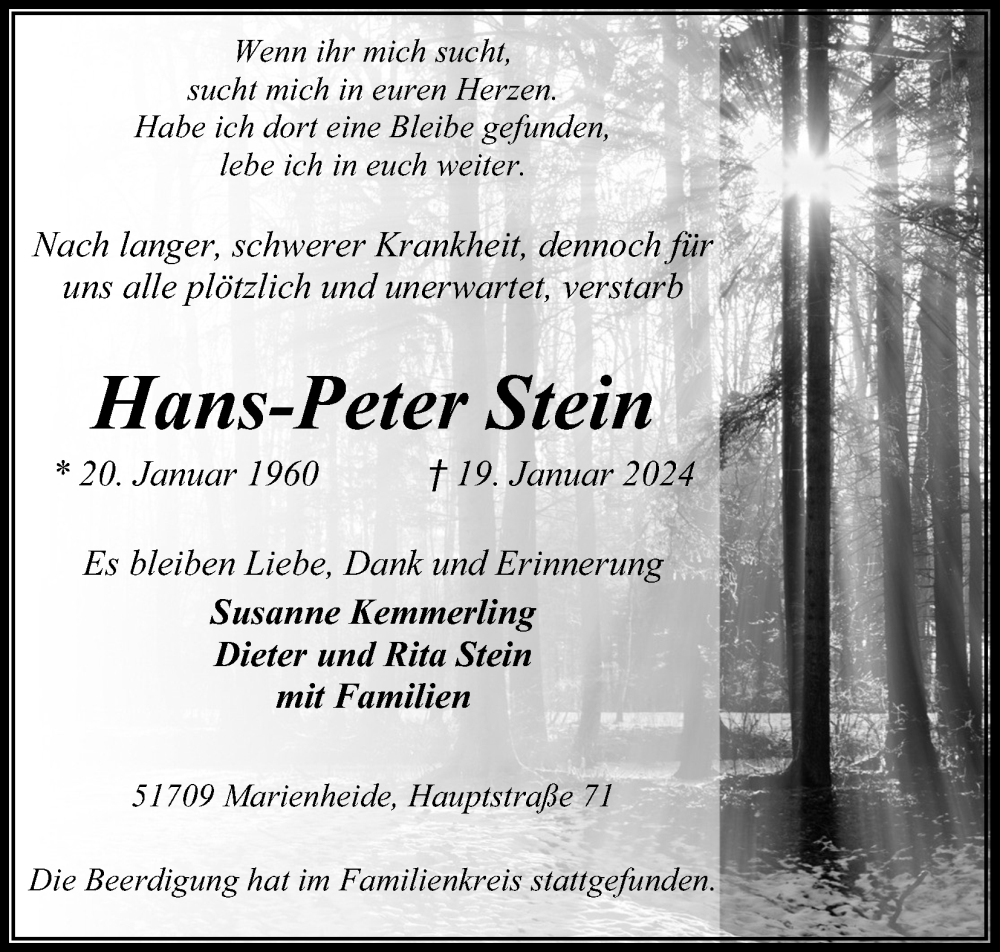  Traueranzeige für Hans-Peter Stein vom 03.02.2024 aus Kölner Stadt-Anzeiger / Kölnische Rundschau / Express
