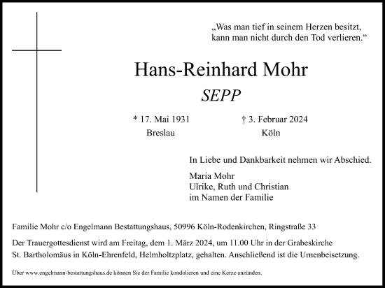 Anzeige von Hans-Reinhard Mohr von Kölner Stadt-Anzeiger / Kölnische Rundschau / Express