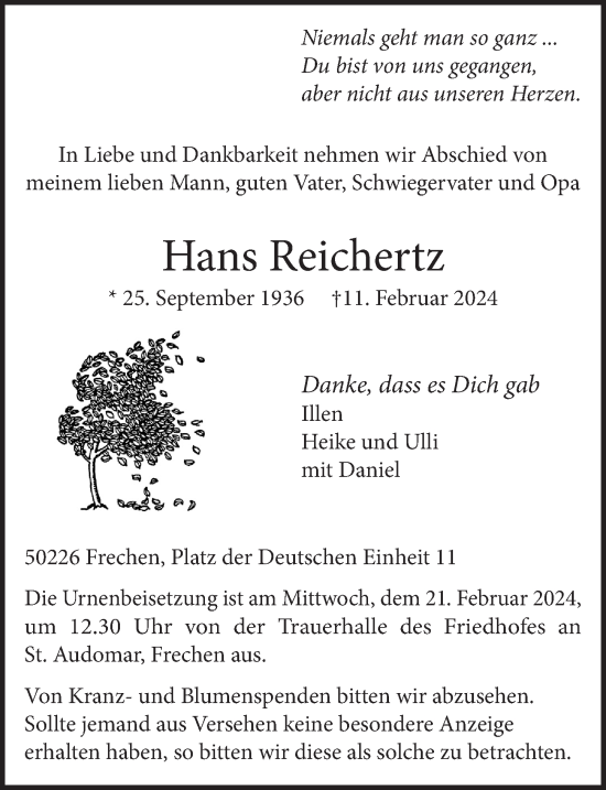 Anzeige von Hans Reithertz von  Wochenende 