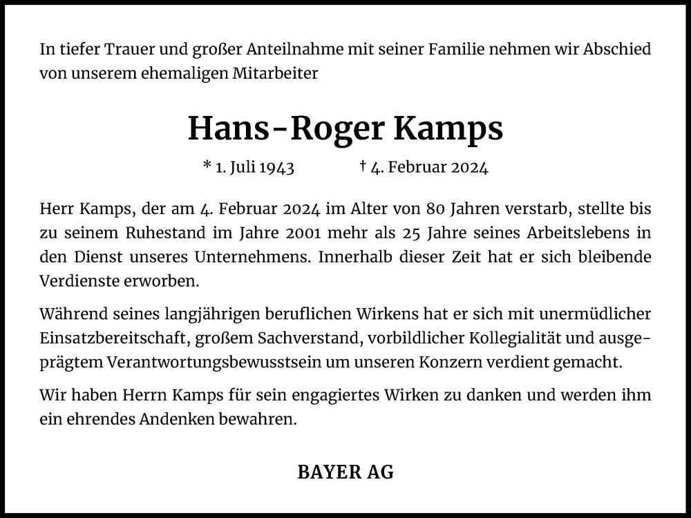  Traueranzeige für Hans-Roger Kamps vom 17.02.2024 aus Kölner Stadt-Anzeiger / Kölnische Rundschau / Express